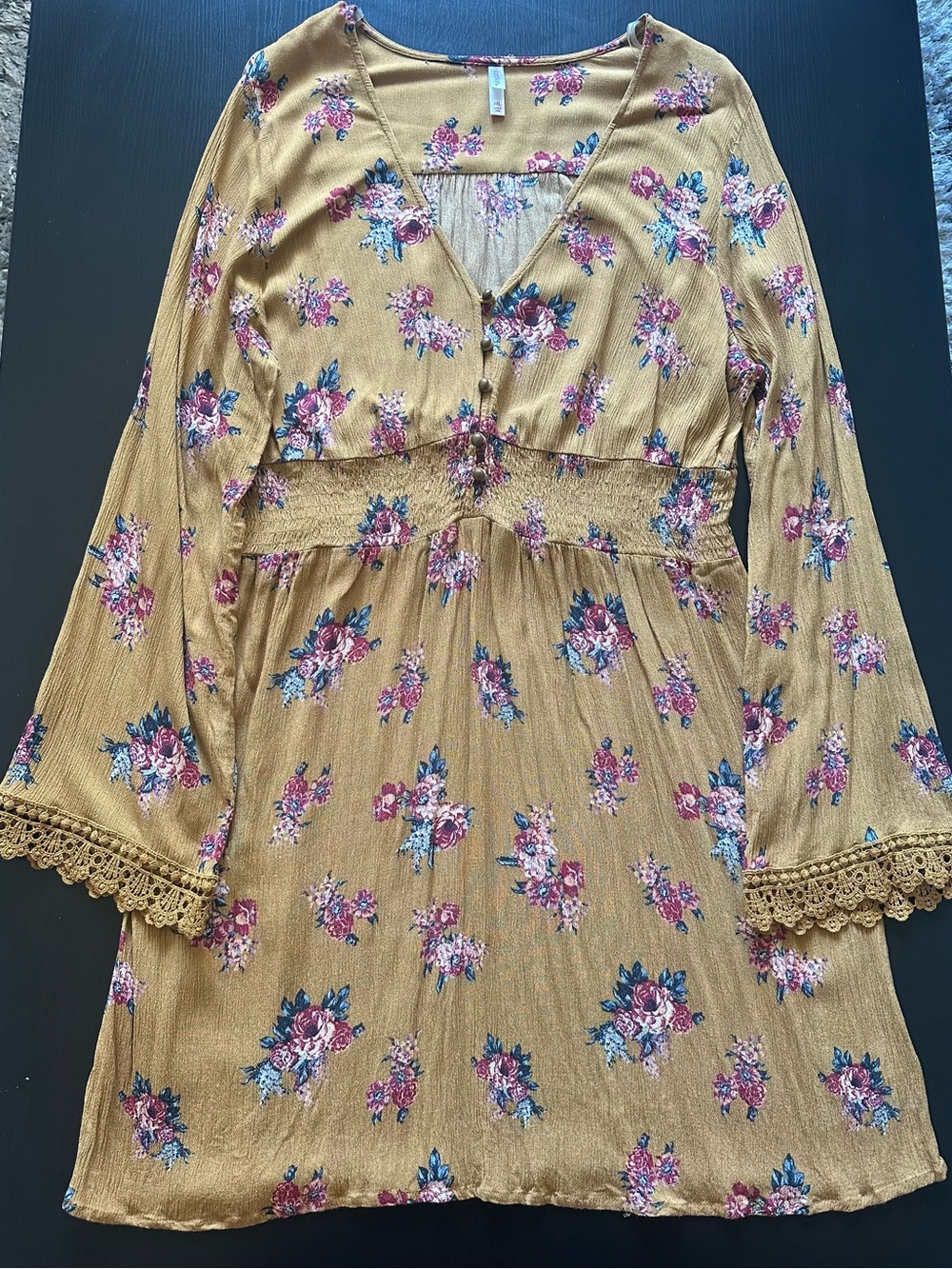 Xhilaration Mustard Floral V-Neck Midi Dress with Lace Bell Sleeves
